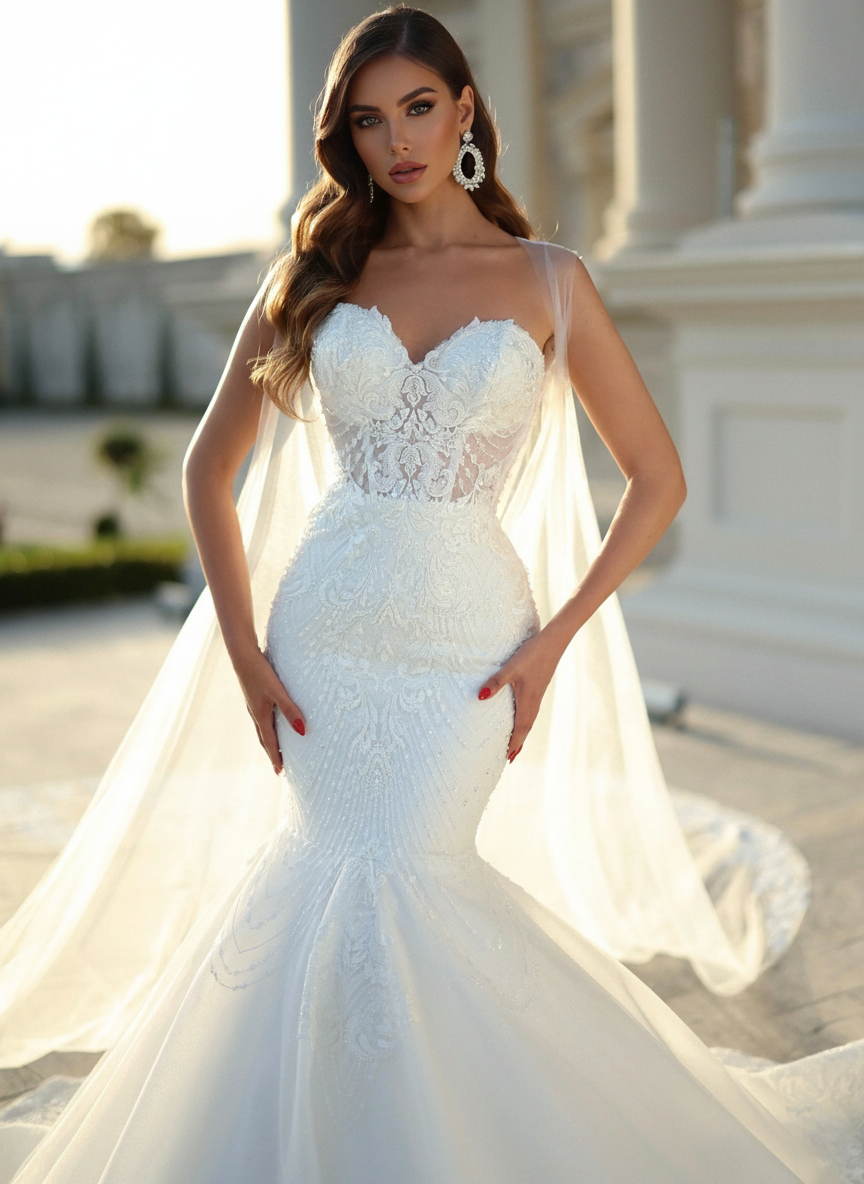 Monarch length cape V neck off the shoulder sleeveless gorgeous bridal dress