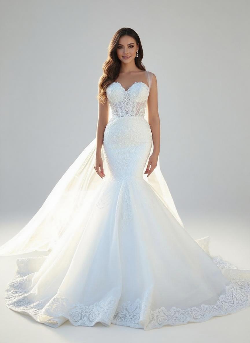 Monarch length cape V neck off the shoulder sleeveless gorgeous bridal dress