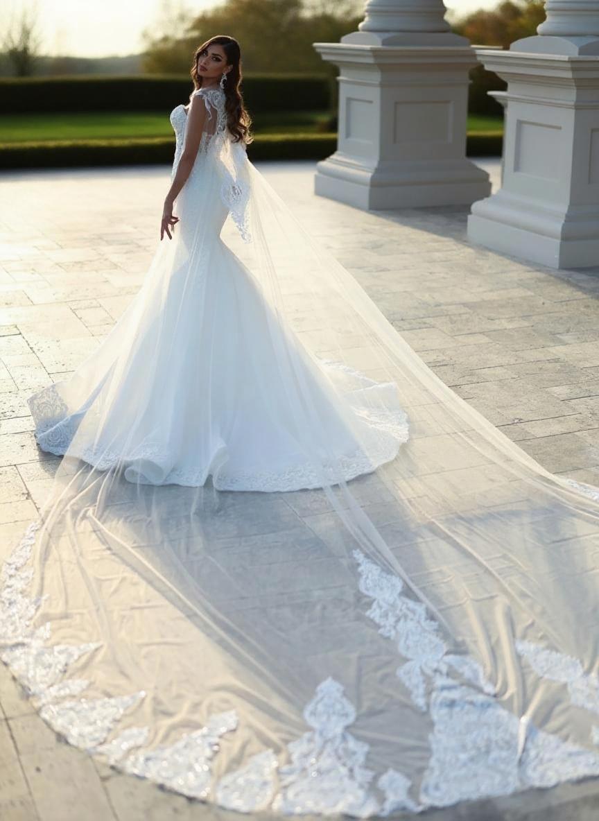 Monarch length cape V neck off the shoulder sleeveless gorgeous bridal dress