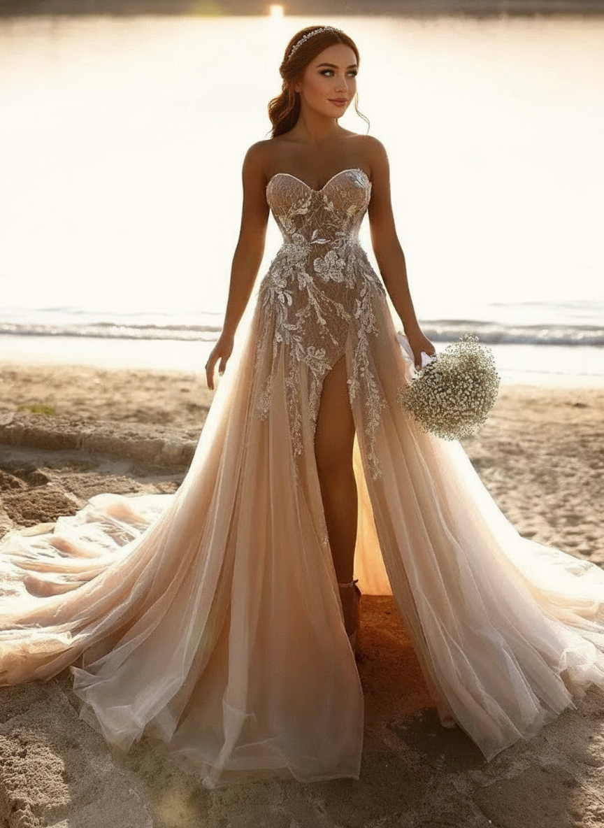 Off the shoulder V neck Chapel length Floral lace and embroidered bridal dress