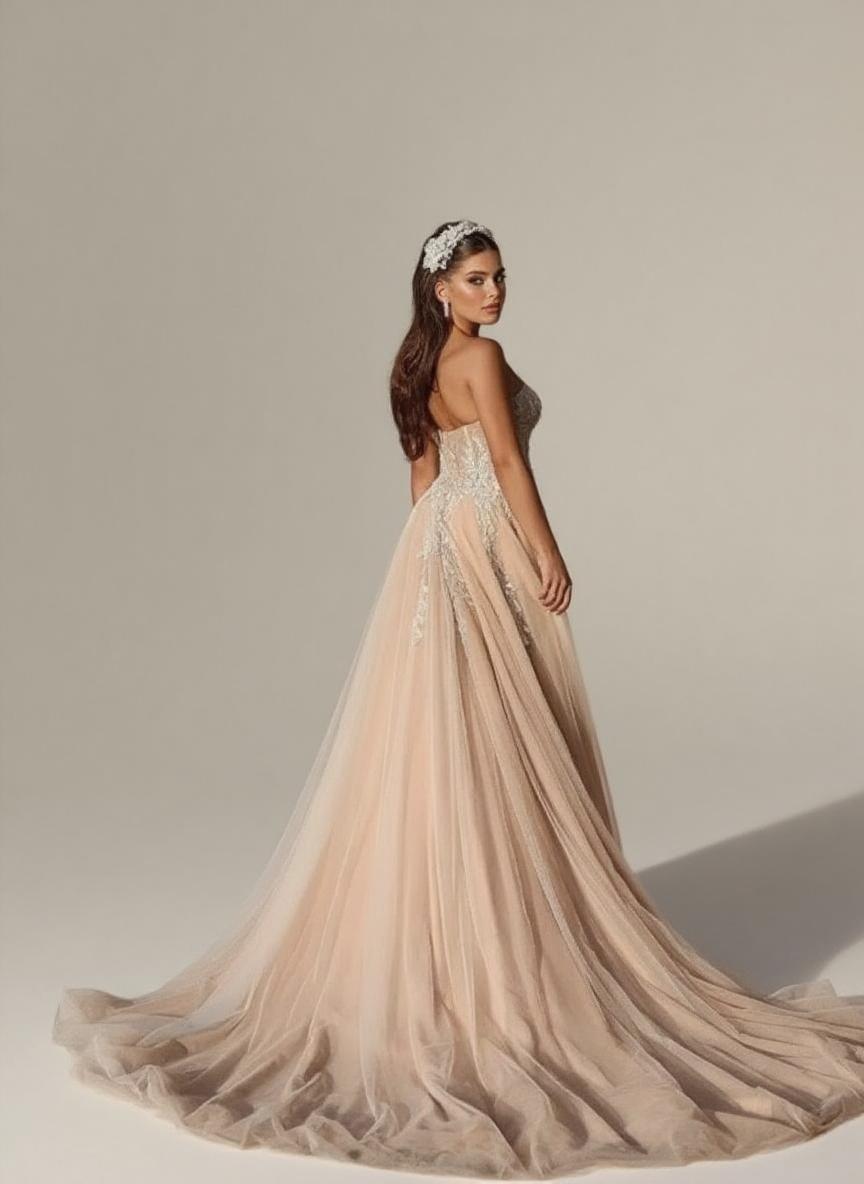 Off the shoulder V neck Chapel length Floral lace and embroidered bridal dress