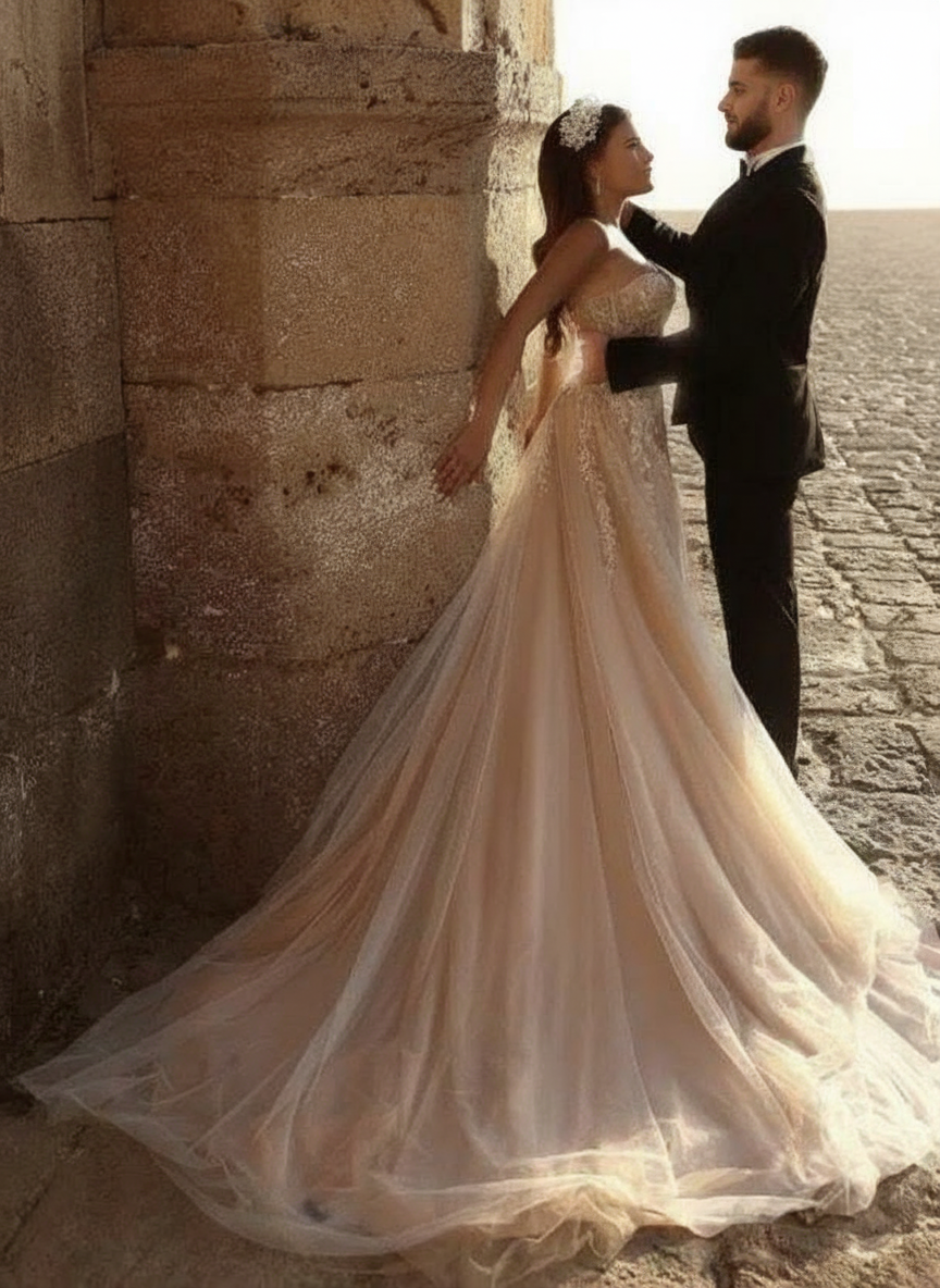 Off the shoulder V neck Chapel length Floral lace and embroidered bridal dress