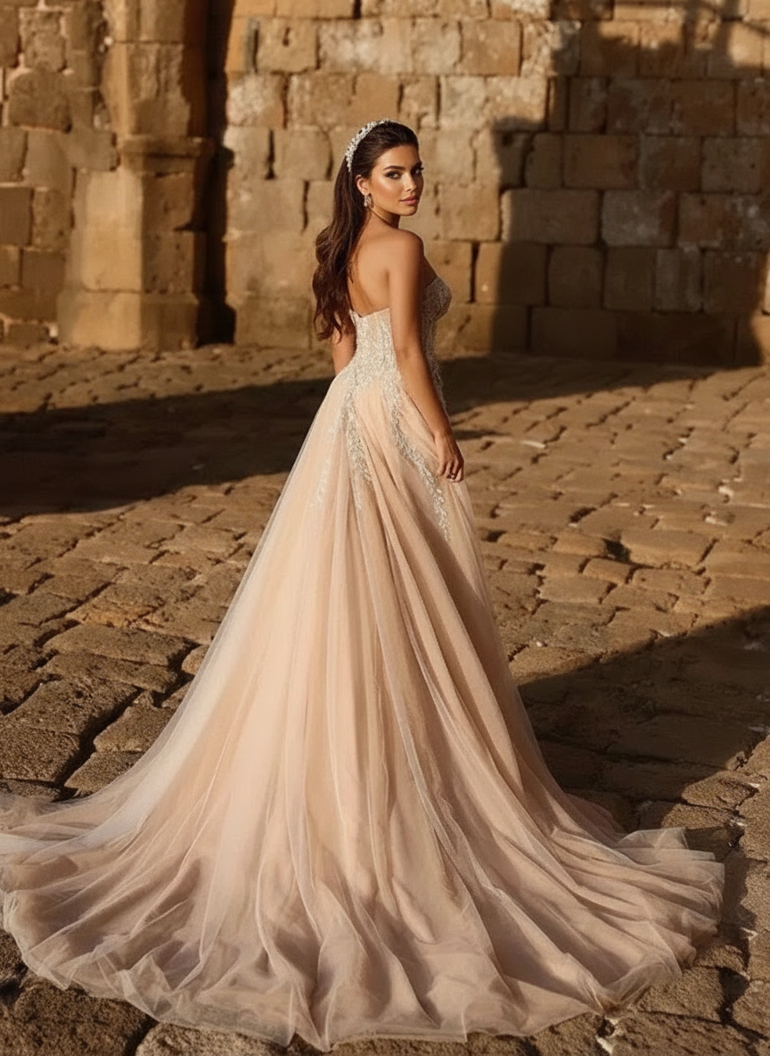 Off the shoulder V neck Chapel length Floral lace and embroidered bridal dress