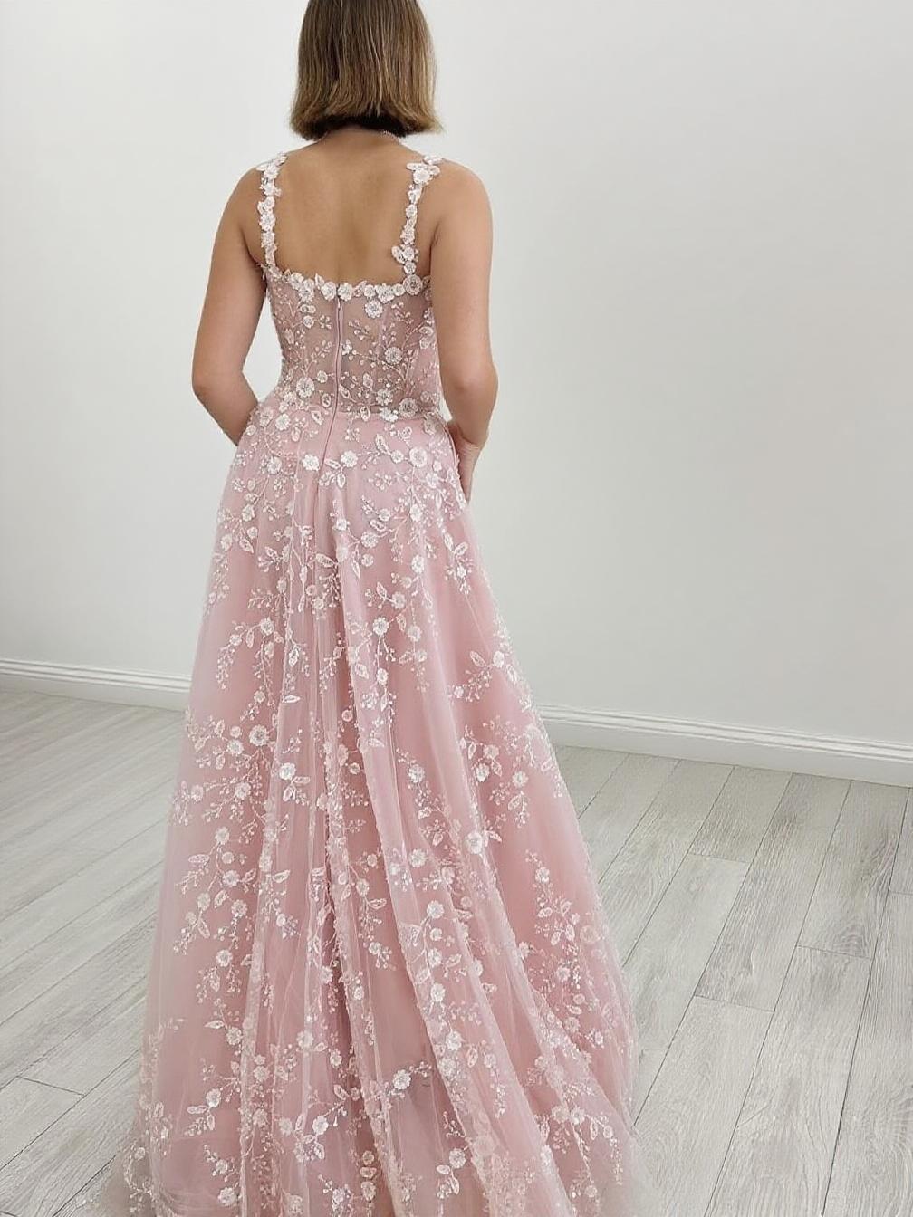 Lace straps semi V neck pretty looking party and prom dress