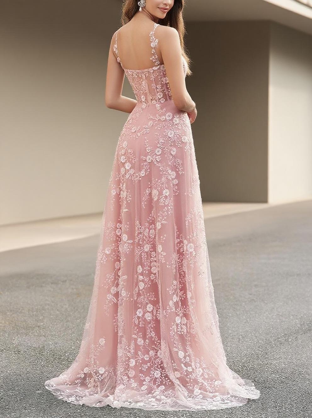 Lace straps semi V neck pretty looking party and prom dress