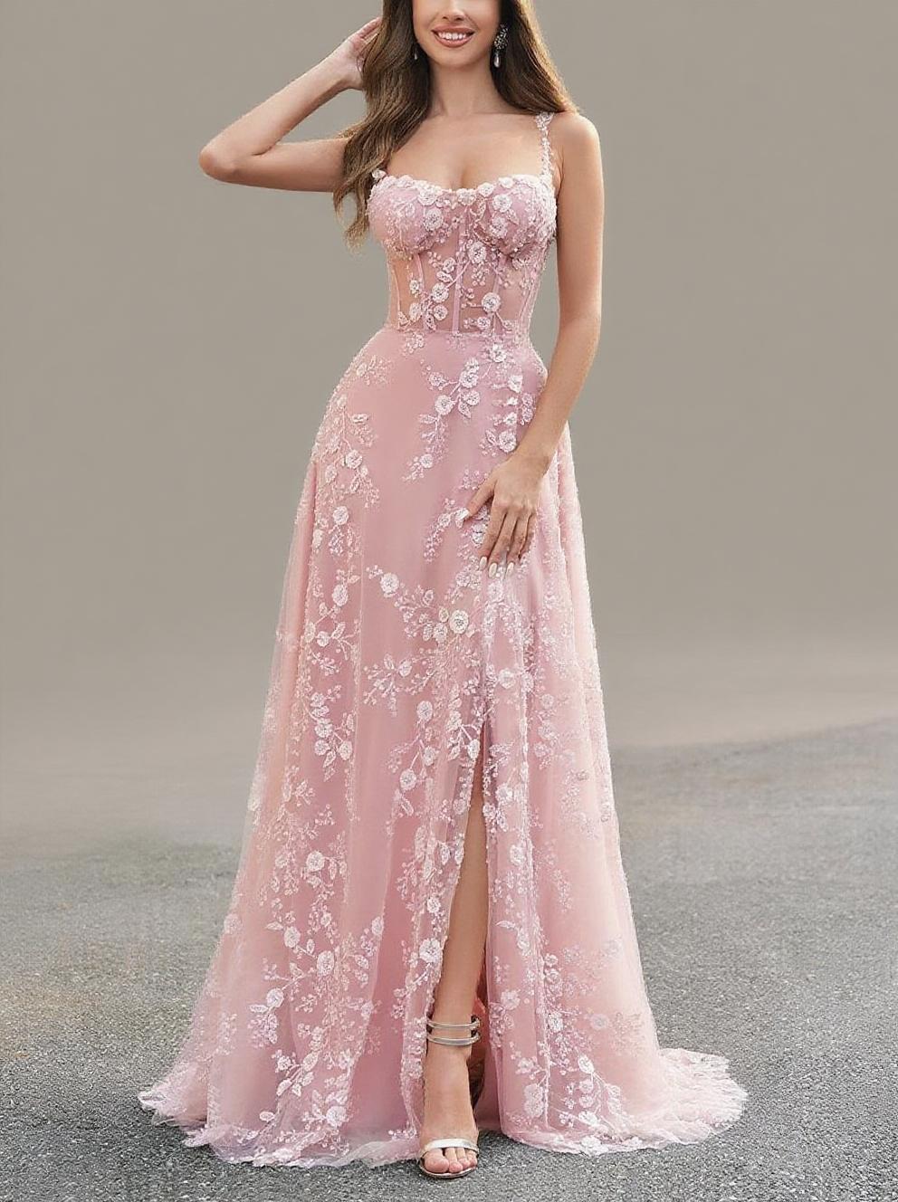 Lace straps semi V neck pretty looking party and prom dress