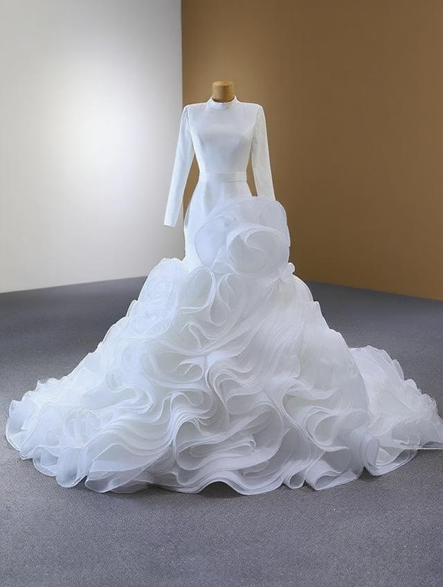Satin gorgeous floral work full sleeve high neck chapel length bridal dress