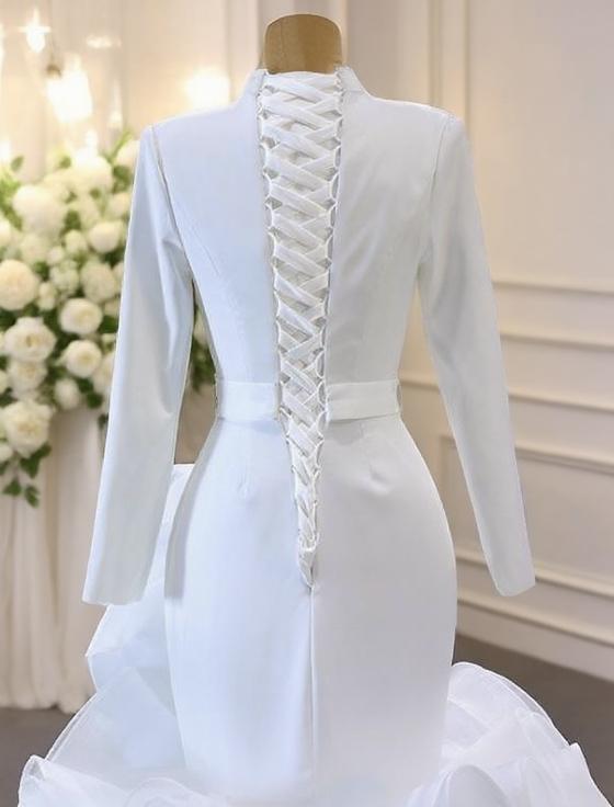 Satin gorgeous floral work full sleeve high neck chapel length bridal dress