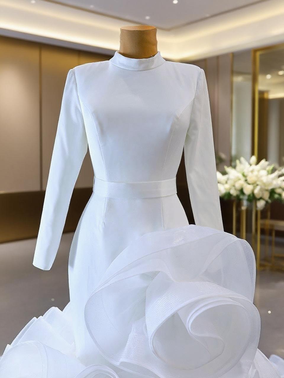 Satin gorgeous floral work full sleeve high neck chapel length bridal dress