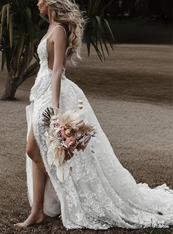 Court length deep V neck lace design beach bridal dress