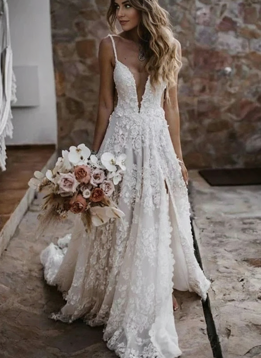 Court length deep V neck lace design beach bridal dress