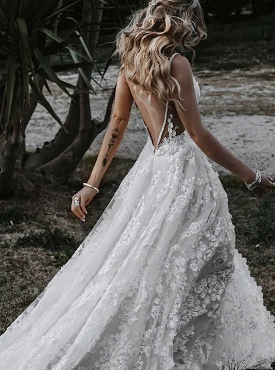 Court length deep V neck lace design beach bridal dress