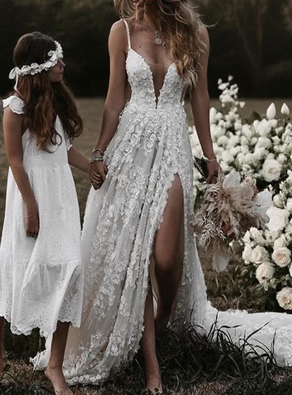Court length deep V neck lace design beach bridal dress