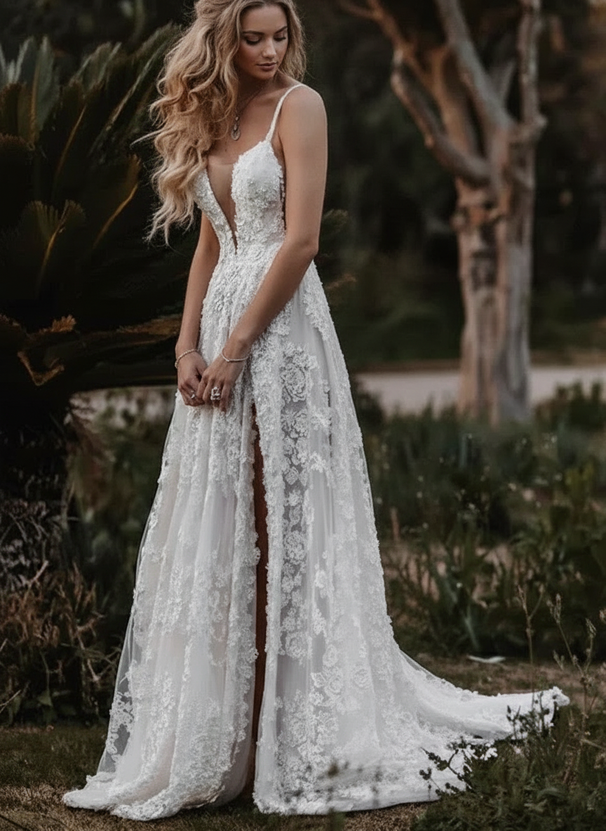 Court length deep V neck lace design beach bridal dress