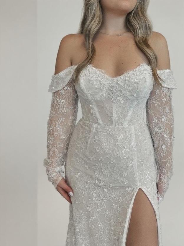 Unique Design off the shoulder long sleeve court length V neck lace bridal dress