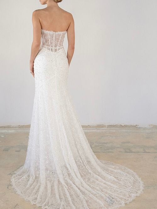 Unique Design off the shoulder sleeveless court length V neck lace bridal dress