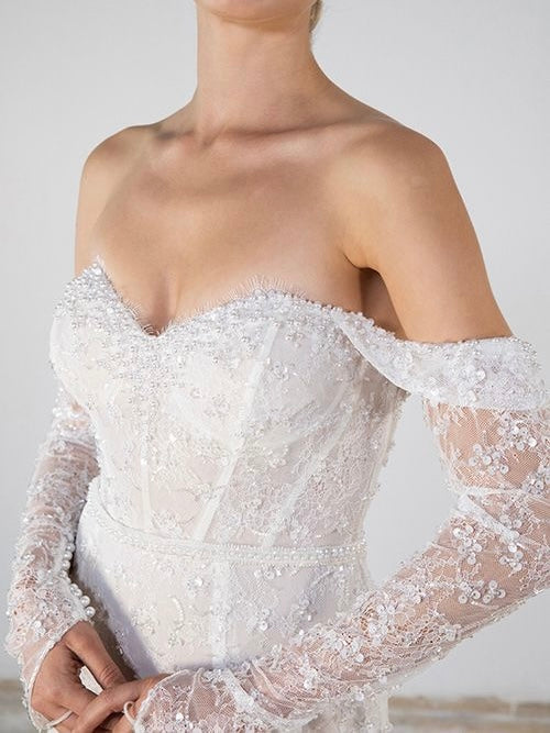 Unique Design off the shoulder long sleeve court length V neck lace bridal dress