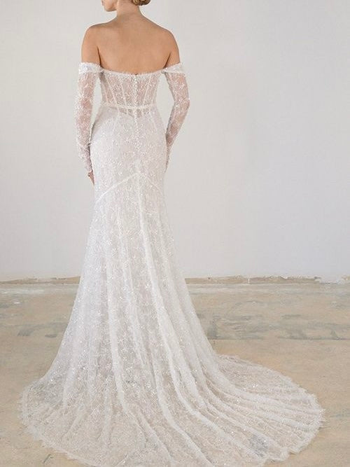 Unique Design off the shoulder long sleeve court length V neck lace bridal dress