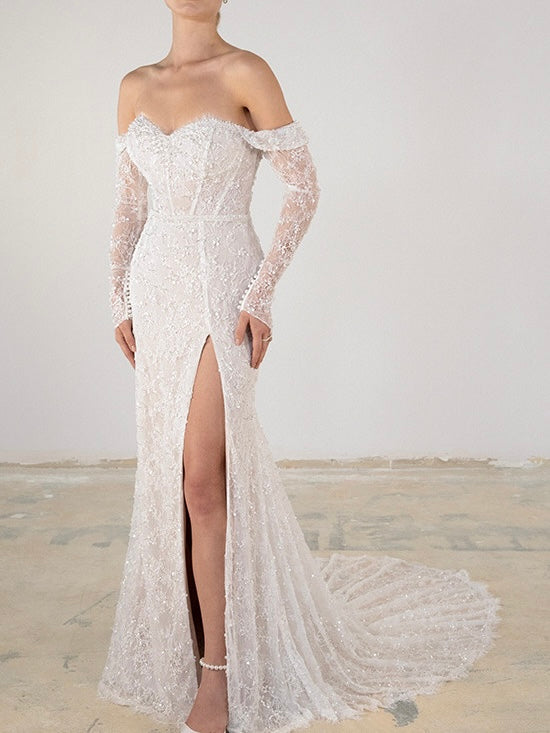 Unique Design off the shoulder long sleeve court length V neck lace bridal dress
