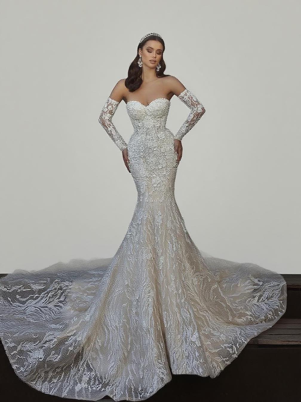 Cathedral length off the shoulder full sleeve floral lace designed gorgeous bridal dress