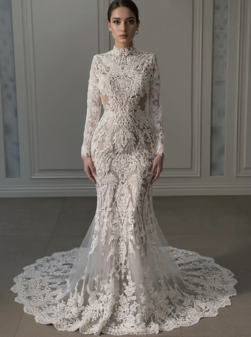 Mermaid style high neck chapel length floral lace unique and gorgeous bridal dress