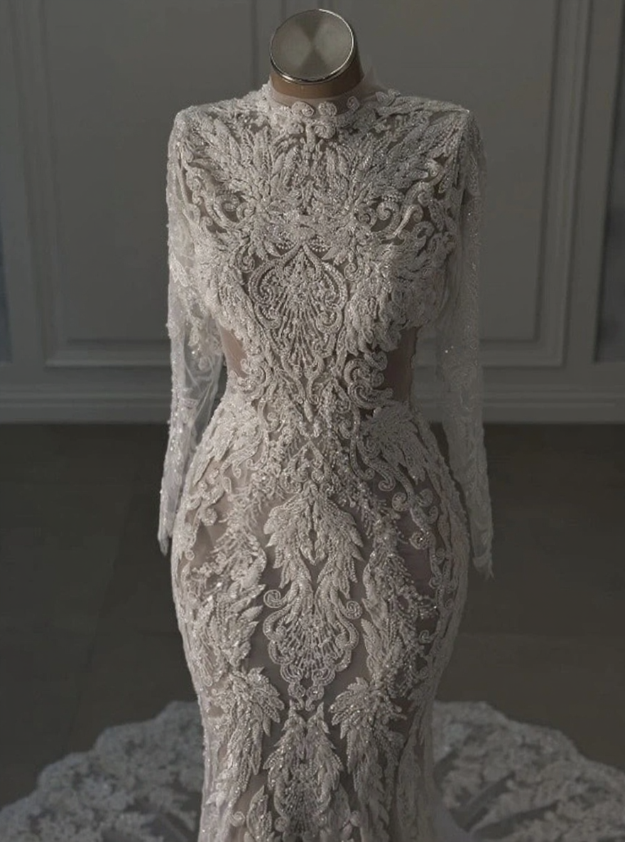 Mermaid style high neck chapel length floral lace unique and gorgeous bridal dress