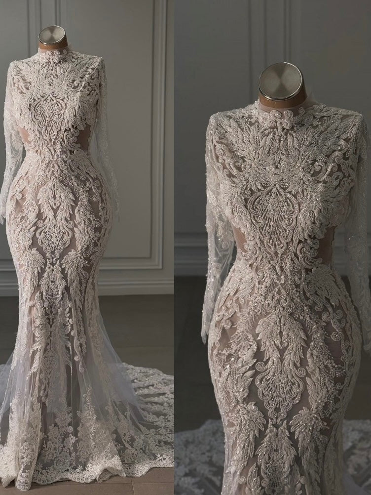 Mermaid style high neck chapel length floral lace unique and gorgeous bridal dress