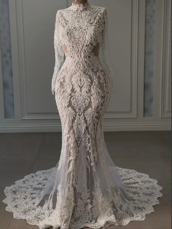 Mermaid style high neck chapel length floral lace unique and gorgeous bridal dress