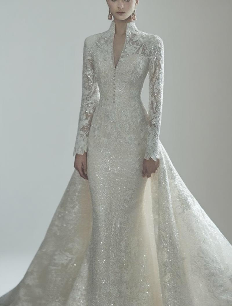 High neck full sleeve lace and crystal applique elegant bridal dress