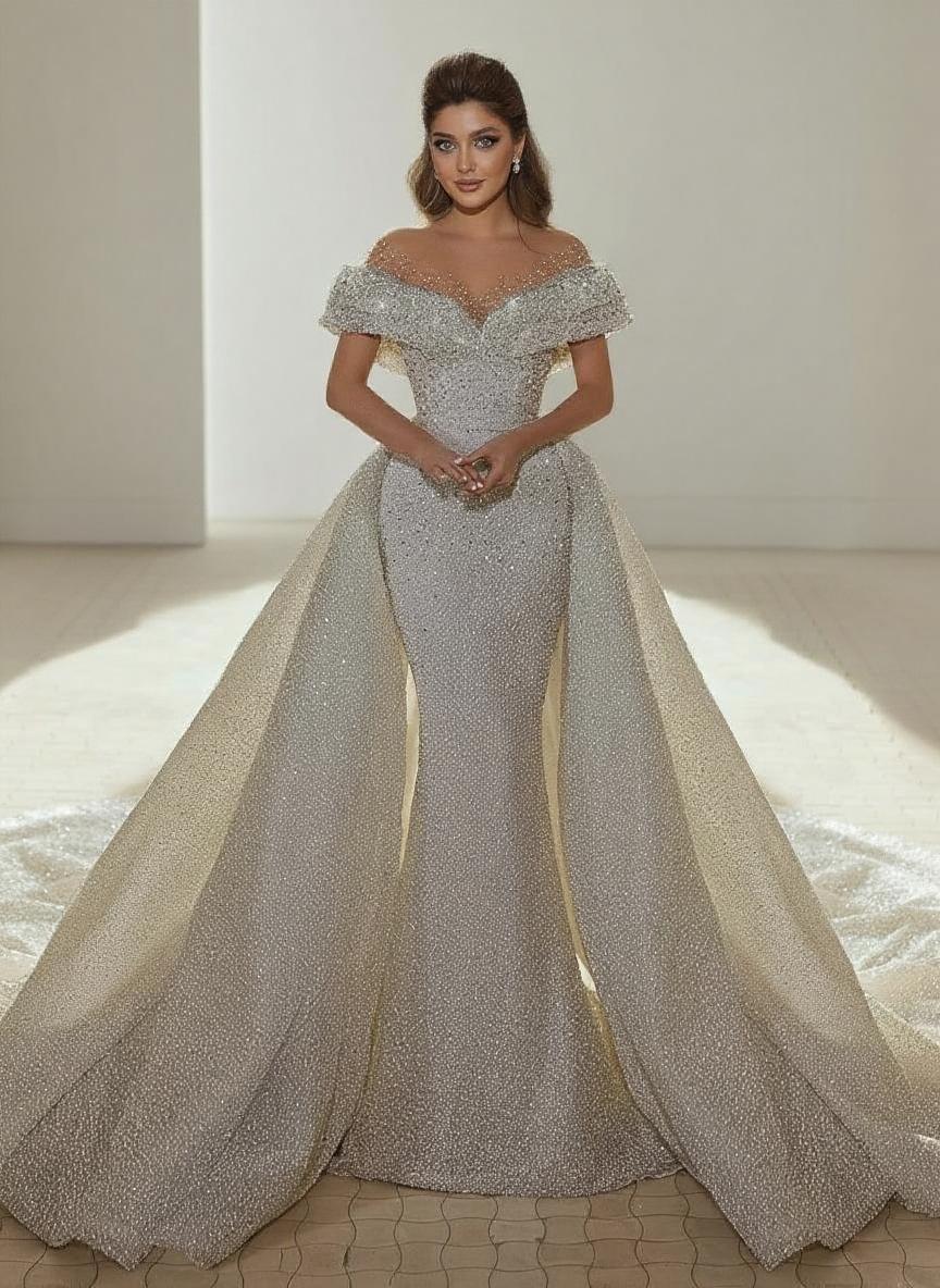 Mermaid style bridal dress with detachable train off the shoulder and crystal and bead applique