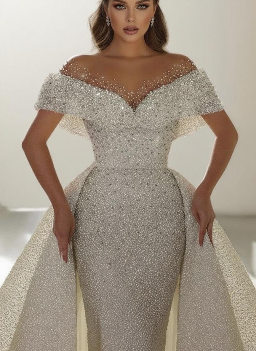 Mermaid style bridal dress with detachable train off the shoulder and crystal and bead applique