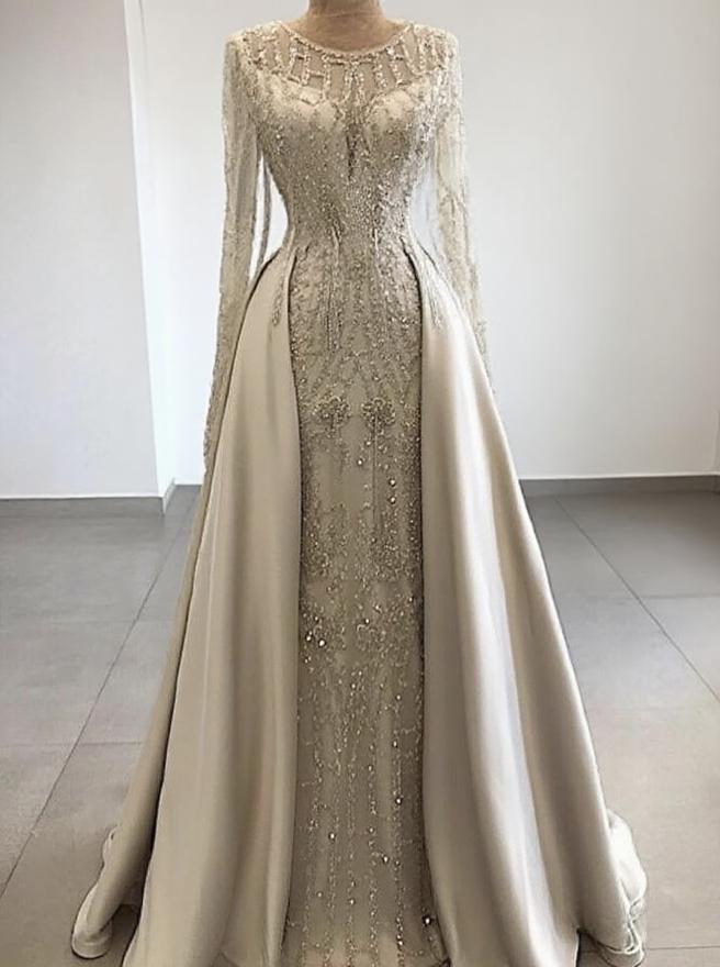 Stunning design and crystal craftwork long sleeve Court length bridal dress