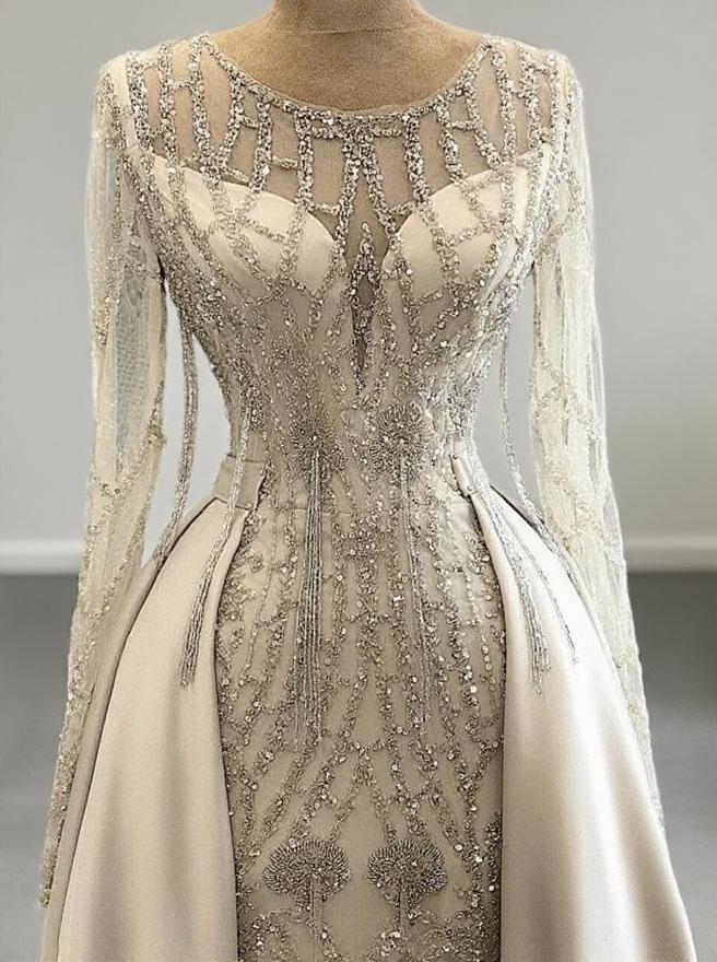Stunning design and crystal craftwork long sleeve Court length bridal dress