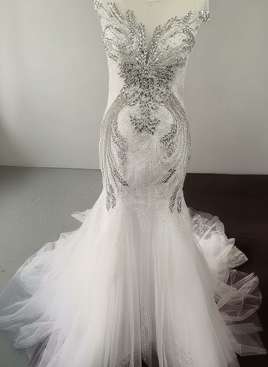 Mermaid style Uniquely designed crystal and beaded applique off the shoulder wedding dress
