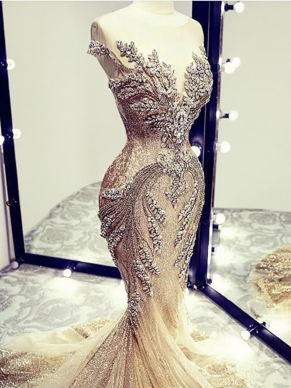 Mermaid style Uniquely designed crystal and beaded applique off the shoulder wedding dress