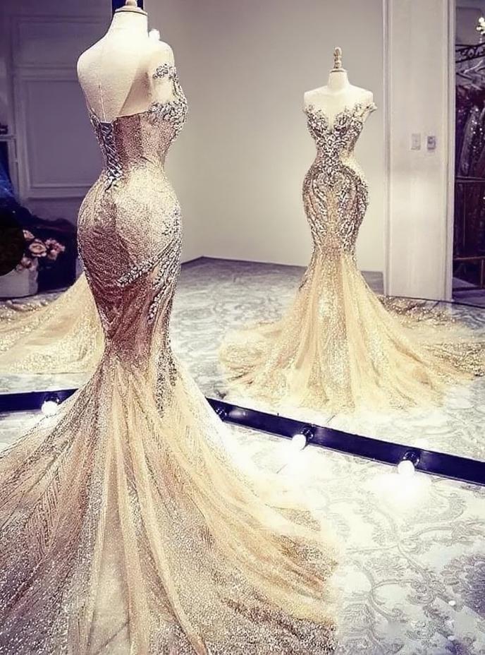 Mermaid style Uniquely designed crystal and beaded applique off the shoulder wedding dress