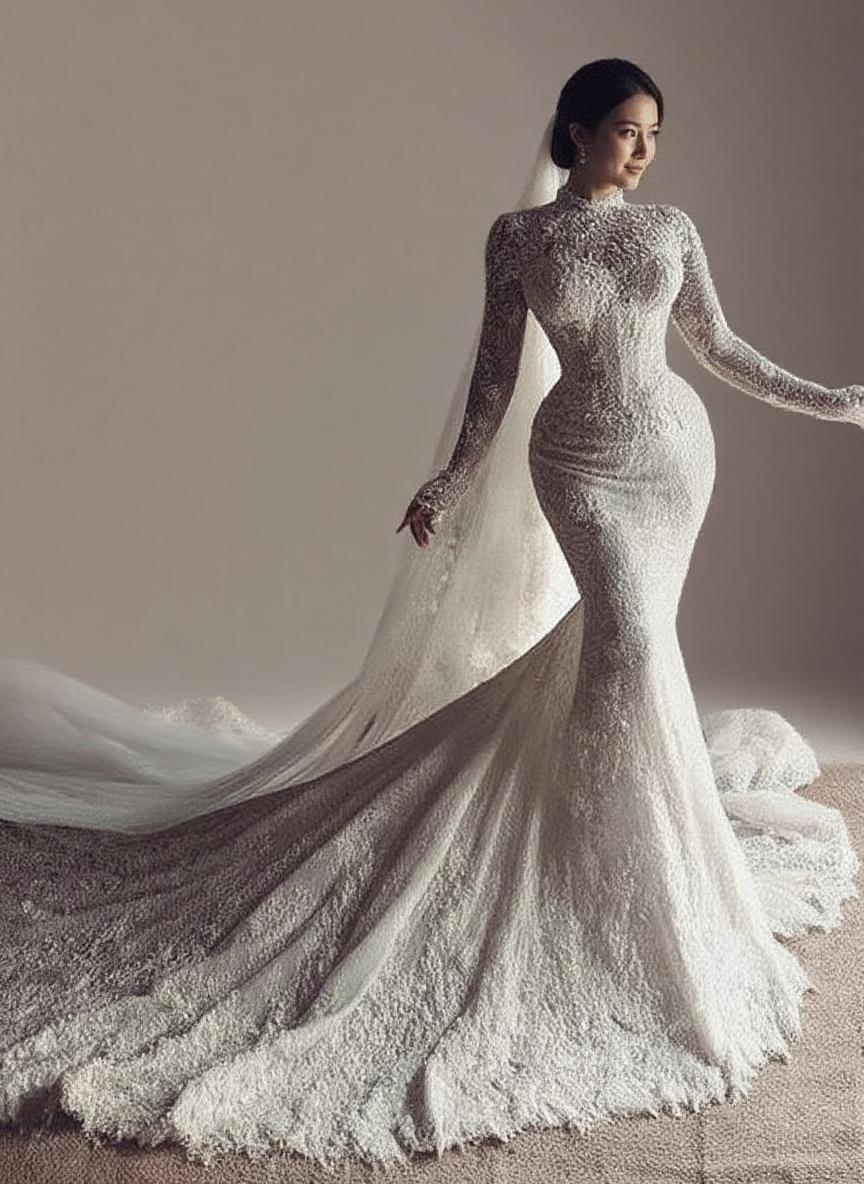 Mermaid style high neck Cathedral length floral lace unique and gorgeous bridal dress