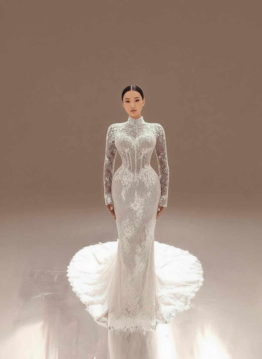 Mermaid style high neck Cathedral length floral lace unique and gorgeous bridal dress