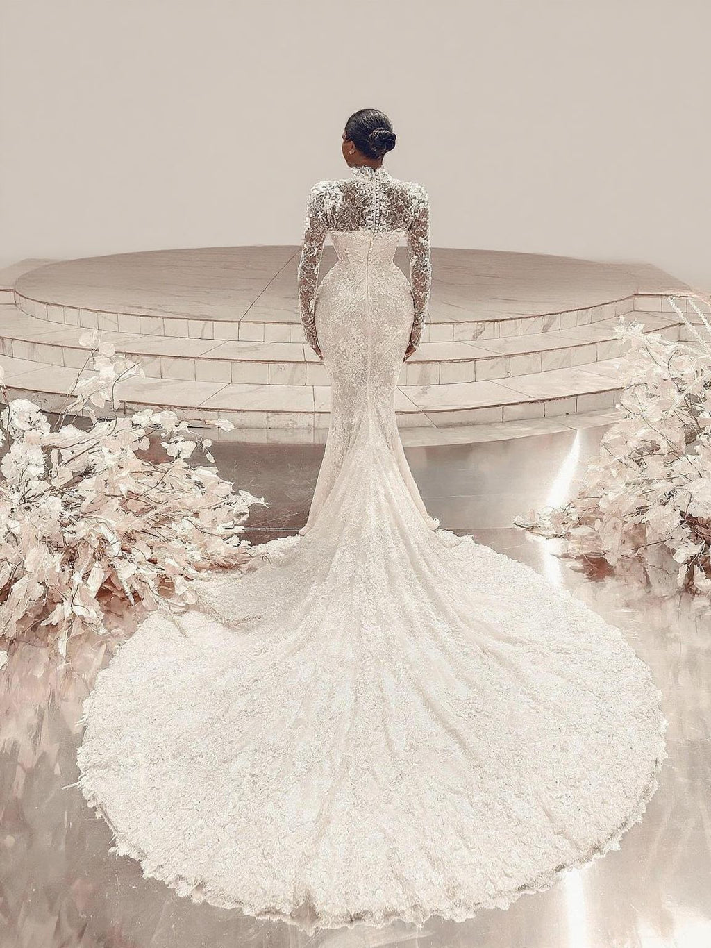 Mermaid style high neck Cathedral length floral lace unique and gorgeous bridal dress