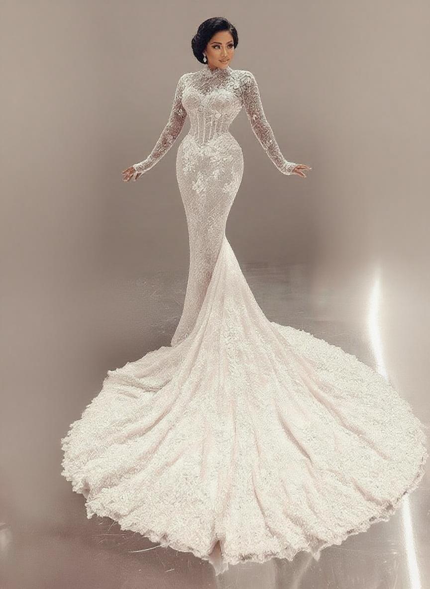 Mermaid style high neck Cathedral length floral lace unique and gorgeous bridal dress