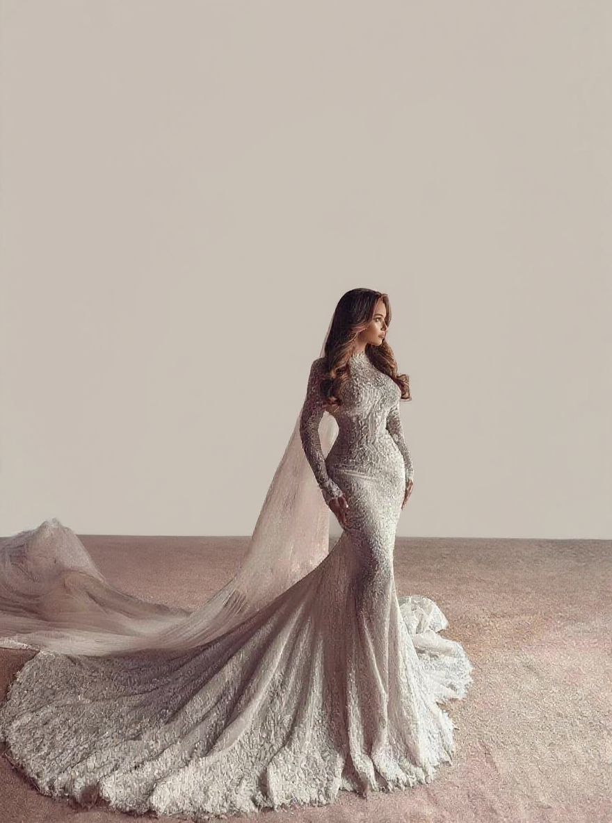 Mermaid style high neck Cathedral length floral lace unique and gorgeous bridal dress