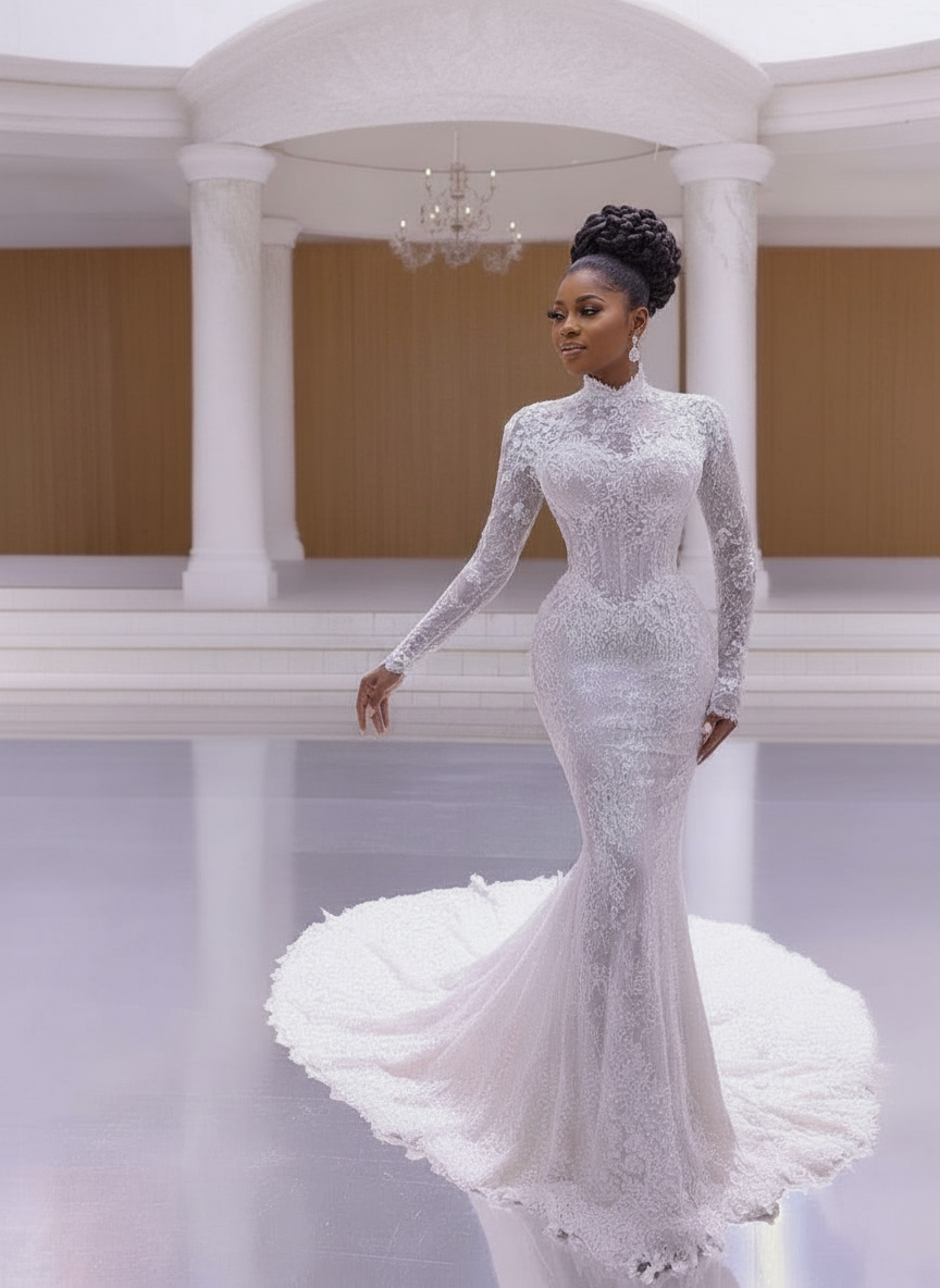 Mermaid style high neck Cathedral length floral lace unique and gorgeous bridal dress