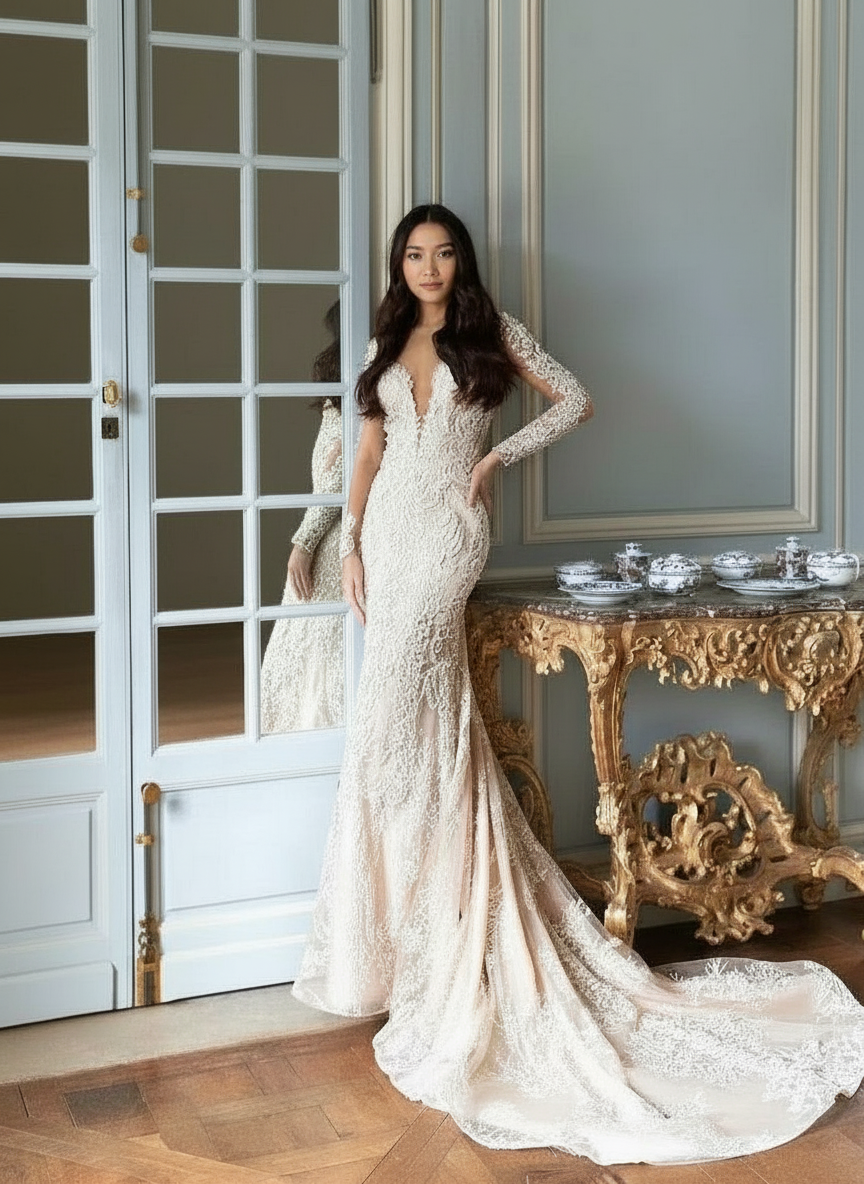 Long sleeve deep V neck court length lace designed stunning bridal dress