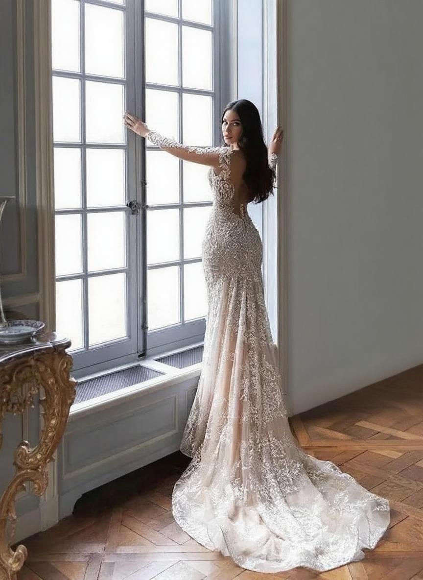 Long sleeve deep V neck court length lace designed stunning bridal dress
