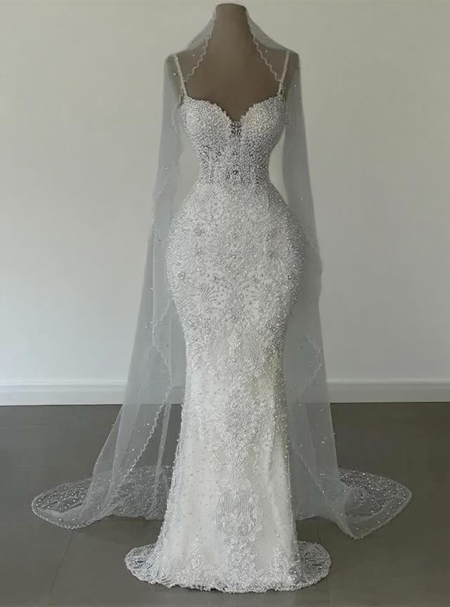 Spaghetti straps floor length  beautiful floral laced with veil bridal dress