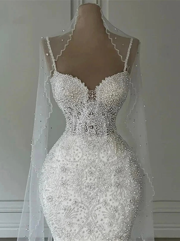 Spaghetti straps floor length  beautiful floral laced with veil bridal dress