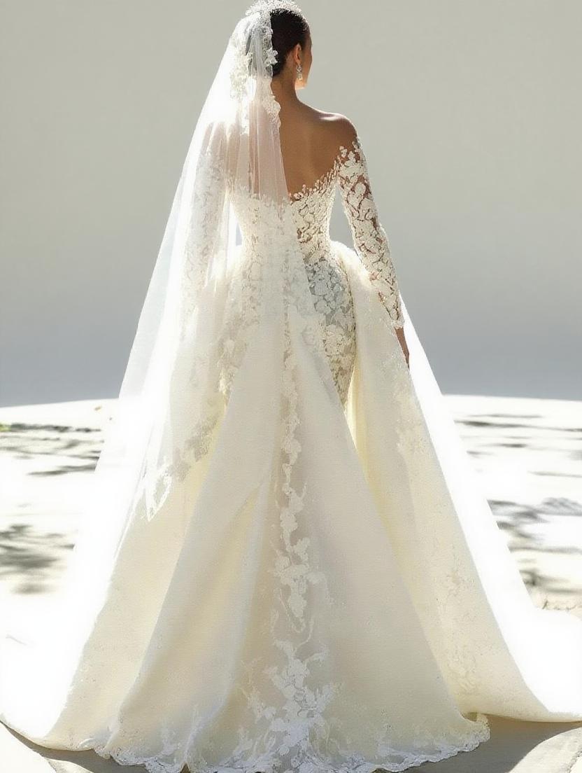 Off the shoulder floor length fully lace designed bridal dress