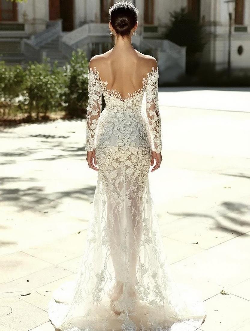 Off the shoulder floor length fully lace designed bridal dress