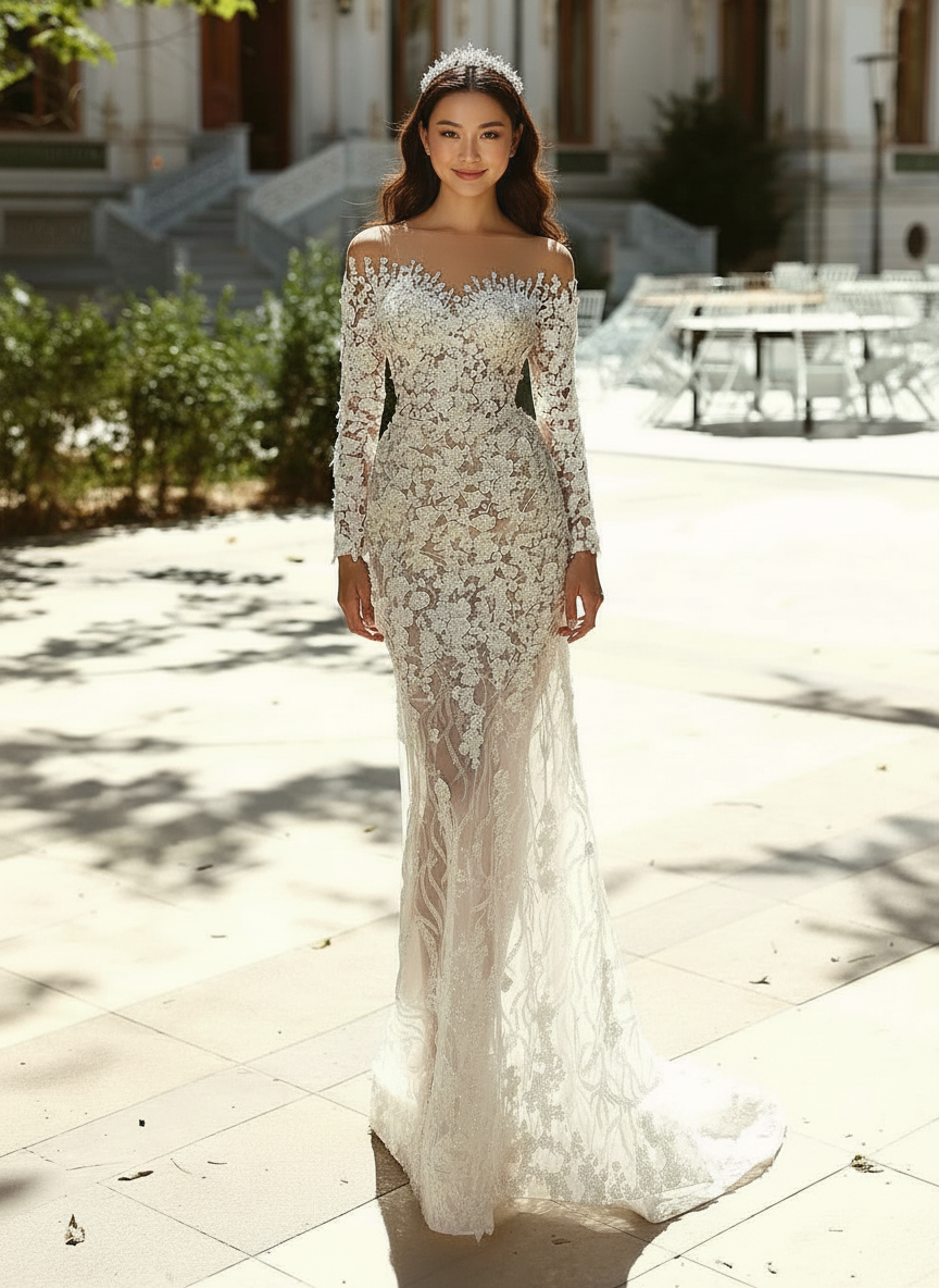 Off the shoulder floor length fully lace designed bridal dress