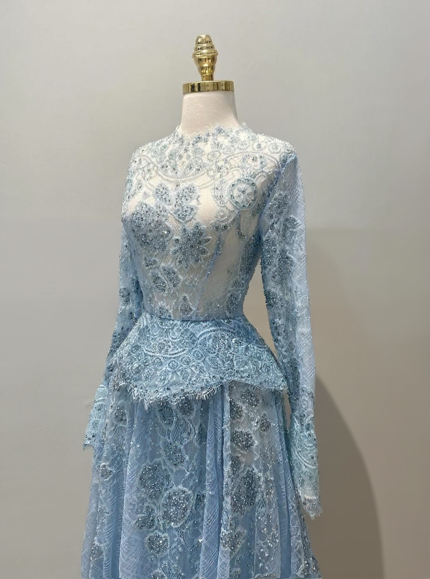 High neck long sleeve fully  laced Appqulies Bodice two pieces party dress